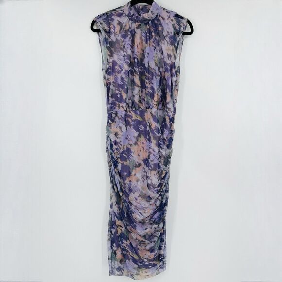 Chicos Womens Dress Purple Size 1/ Medium Ruched Mesh Mock Neck Sleeveless Midi - Picture 2 of 10